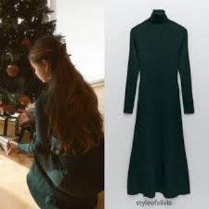 Zara Green Roll Neck Sweater Ribbed Dress